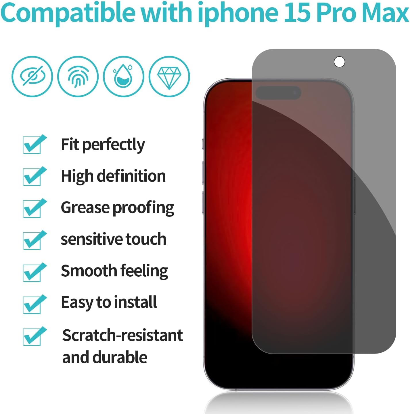 Pehael [2+2 Pack] iPhone 15 Pro Max Privacy Screen Protector with Camera Lens Protector Full Coverage Anti-Spy Tempered Glass Film 9H Hardness Upgrade Edge Protection Easy Installation Bubble Free