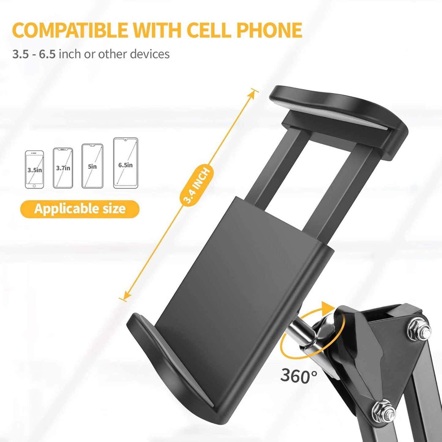 Universal Cell Phone Clip Holder Clamp Mount Flexible 360° Rotation,Long Arm Bracket for 3.5-6.5in Phones, Mobile Stand for Bed, Office, Kitchen, Desk