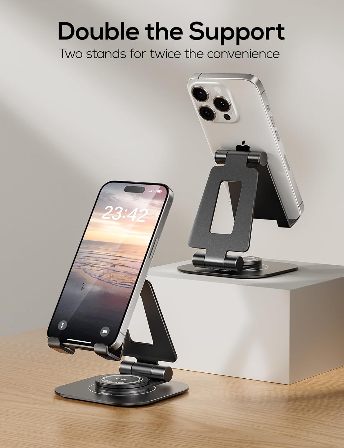 Nulaxy 2-Pack 360 Rotating Phone Stand, Fully Adjustable Foldable Phone Holder, Aluminum Desktop Cradle with Anti-Slip Base, Office Accessories Dock for All Phones with Thick Case, Black