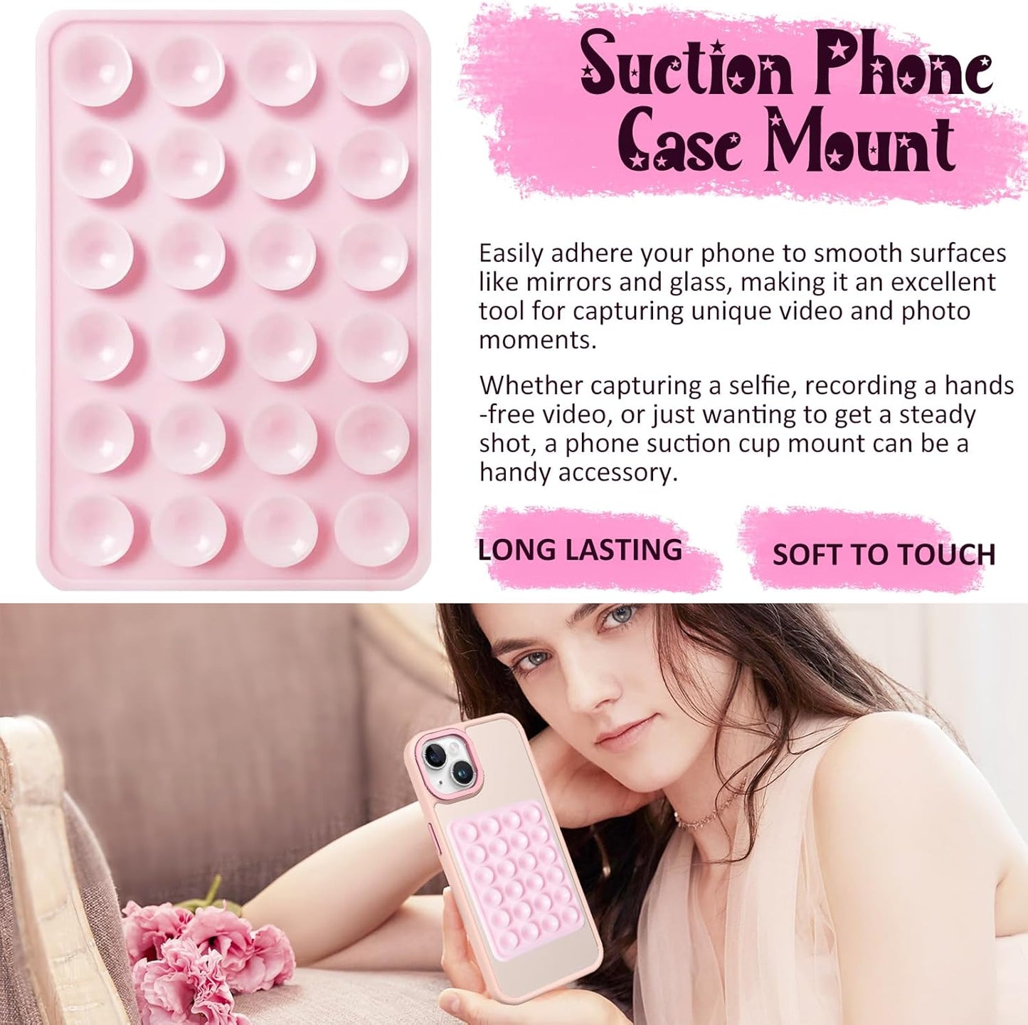 Silicone Suction Phone Case Mount, Silicon Adhesive Phone Accessory for Smartphones, Hands-Free Mirror Shower Phone Holder for Selfies, Tiktok Videos (Light Pink)