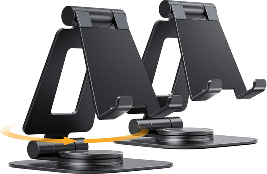 Nulaxy 2-Pack 360 Rotating Phone Stand, Fully Adjustable Foldable Phone Holder, Aluminum Desktop Cradle with Anti-Slip Base, Office Accessories Dock for All Phones with Thick Case, Black