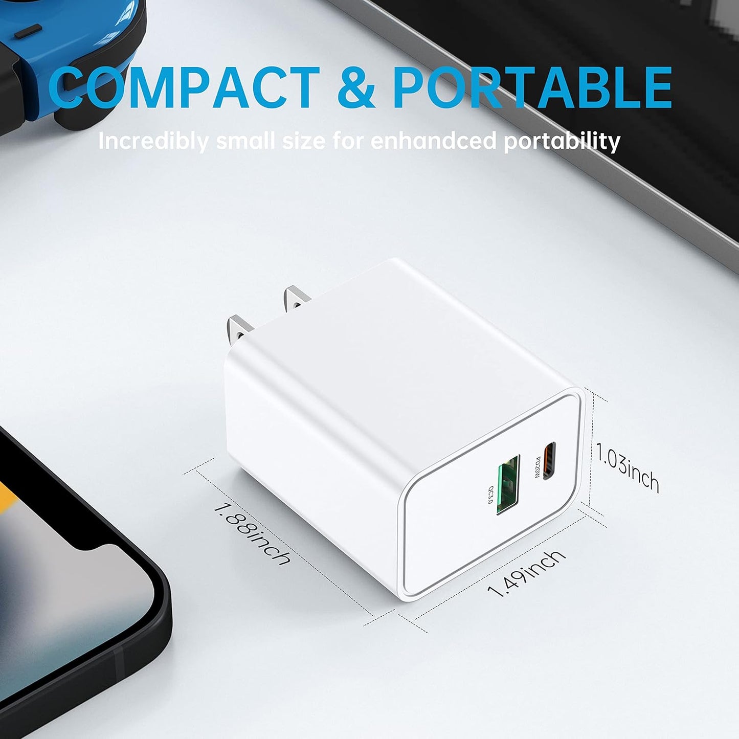 USB C Wall Charger Block 20W, Dual Port USB-C Plug-in 20W PD & QC3.0 A Fast Charging for iPhone 14/13/12/11 /Pro Max, iPad Pro, AirPods Samsung Android Phones and More